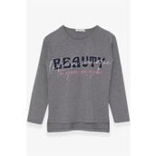 Breeze Koyu Gri Melanj 10-16 YaşUzun Kollu Taşlı Yazı Baskılı Kız Çocuk T-shirt
