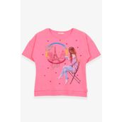 Breeze Neon Pembe 9-16 Yaş Kalpli Simli Baskılı Kız Çocuk T-shirt