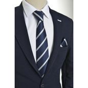 Brianze 8 Cm Beyaz Çizgili Lacivert Kravat %100 Microfiber Özel Günler İçin Uygun - Standart