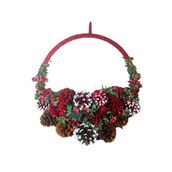BUKIRO Yılbaşı Kapı Çelenk Yılbaşı Duvar Süsleri Kozalak El Yapımı Yılbaşı Doğal Kapı Süsü 33x 33 Cm (Kırmızı)
