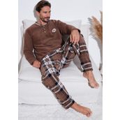 Buratti Ekoseli Regular Fit Düğmeli Bisiklet Yaka Kışlık Polar Erkek Pijama Takımı 60961002 CAMEL