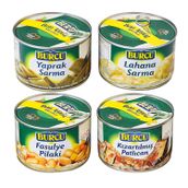 Burcu Konserve 400 gr Teneke 4 lü Hazır Yemek Karma Paket, Yaprak Sarma, Lahana Sarma, Fasulye Pilaki, Kızartılmış Patlıcan, 4'lü Set