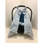 Buse Baby Home Mavi Pikeli ve Poplin Kumaş, Ponponlu Puset Örtüsü ve Puset Minderi 2'li Set