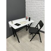Buse Çalışma Masası Ofis Bilgisayar Masası + Katlanır Sandalyeli 103 cm Metal Siyah Ayak - Beyaz - Gri - 103 x 52 x 96