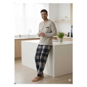 Butik Erkek Bej Uzun Kollu Pamuklu Ekose Desenli Düğme Detaylı Pijama Takımı