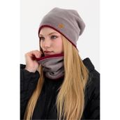 Butikgiz Kadın Gri Polar Dış, Bordo Pamuklu İç Kısım Çift Renk Çift Katman Katlanabilir Bere Boyunluk Takım