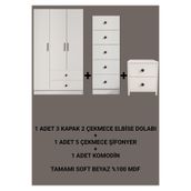 CABİNSE%100 MDF 3 KAPAKLI ELBİSE DOLABI + 5 ÇEKMECE ŞİFONYER + KOMİDİN TAKIM Beyaz