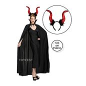 Cadılar Bayramı&Halloween 2 Parçalı Malefiz&Şeytan Parti Kostüm Seti - 120 cm Pelerin + Kırmızı Taç