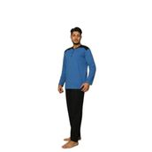 CALİA Erkek Yakası Düğmeli İnterlok Pijama Takımı, Mavi Siyah, 2XL