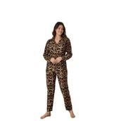 CALİA Kadın Pijama Takımı, Önden Düğmeli, Gömlek Yaka, Leopar Suet Kumaş, Kahverengi, S/M
