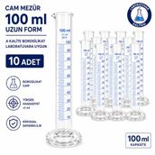 Cam Mezür 100 ml Uzun Form A Kalite Borosilikat Laboratuvara Uygun 10 Adet