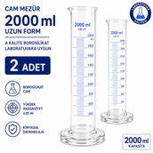 Cam Mezür 2000 ml Uzun Form A Kalite Borosilikat Laboratuvara Uygun 2 Adet