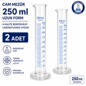 Cam Mezür 250 ml Uzun Form A Kalite Borosilikat Laboratuvara Uygun 2 Adet