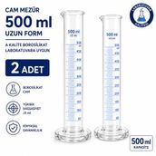 Cam Mezür 500 ml Uzun Form A Kalite Borosilikat Laboratuvara Uygun 2 Adet