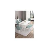 Canisa Are Serisi 80x132 MDF Açılabilir Beyaz Masa Takımı 4 Sandalye Gold Halkalı ve Su Yeşili 1 Bench