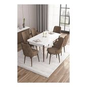 Canisa Are Serisi Beyaz Masa Ceviz Ayak MDF 80x132 Açılabilir Yemek Odası Takımı Gold Halkalı Kahverengi 6 Sandalye