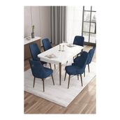 Canisa Are Serisi Beyaz Masa Ceviz Ayak MDF 80x132 Açılabilir Yemek Odası Takımı Gold Halkalı Lacivert 6 Sandalye