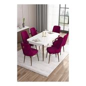 Canisa Are Serisi Beyaz Masa Ceviz Ayak MDF 80x132 Açılabilir Yemek Odası Takımı Gold Halkalı Mürdüm 6 Sandalye