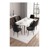 Canisa Are Serisi Beyaz Masa Ceviz Ayak MDF 80x132 Açılabilir Yemek Odası Takımı Gold Halkalı Siyah 6 Sandalye