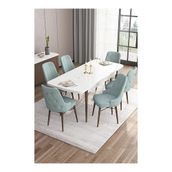 Canisa Are Serisi Beyaz Masa Ceviz Ayak MDF 80x132 Açılabilir Yemek Odası Takımı Gold Halkalı Su Yeşili 6 Sandalye