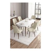 Canisa Are Serisi Beyaz Masa Ceviz Ayak MDF 80x132 Açılabilir Yemek Odası Takımı Gümüş Halkalı Krem 4 Sandalye