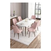 Canisa Are Serisi Beyaz Masa Ceviz Ayak MDF 80x132 Açılabilir Yemek Odası Takımı Gümüş Halkalı Pembe 4 Sandalye