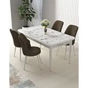 Canisa Arp Serisi Beyaz Mermer Desen 70x110 cm 4 Kahverengi Sandalye Mutfak Masa Takımı