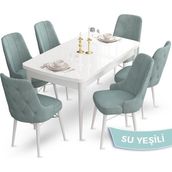 Canisa Concept Ahu Serisi 80x132 cm Açılabilir Beyaz Masa 6 Sandalye Su Yeşili Mutfak Masa Takımı