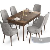 Canisa Concept Ahu Serisi 80x132 cm Açılabilir Masa Barok Ahşap Desen 6 Sandalye Gri Mutfak Masa Takımı