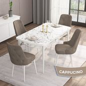 Canisa Concept Are Serisi, Mdf 80X132 Açılabilir Beyaz Mermer Desen Yemek Odası Takımı, 4 Sandalye Gümüş Halkalı - Cappuccino