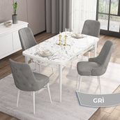 Canisa Concept Are Serisi, Mdf 80X132 Açılabilir Beyaz Mermer Desen Yemek Odası Takımı, 4 Sandalye Gümüş Halkalı - Gri