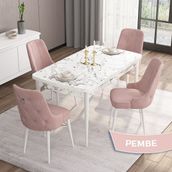 Canisa Concept Are Serisi, Mdf 80X132 Açılabilir Beyaz Mermer Desen Yemek Odası Takımı, 4 Sandalye Gümüş Halkalı - Pembe