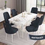 Canisa Concept Are Serisi, Mdf 80X132 Açılabilir Beyaz Mermer Desen Yemek Odası Takımı, 6 Sandalye Gold Halkalı - Antrasit