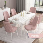 Canisa Concept Are Serisi, Mdf 80X132 Açılabilir Beyaz Mermer Desen Yemek Odası Takımı, 6 Sandalye Gold Halkalı - Pembe