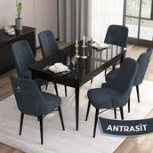 Canisa Concept Are Serisi Mdf 80X132 Açılabilir Siyah Mermer Desen Yemek Odası Takımı 6 Sandalye Gold Halkalı - Antrasit