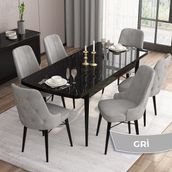 Canisa Concept Are Serisi Mdf 80X132 Açılabilir Siyah Mermer Desen Yemek Odası Takımı 6 Sandalye Gold Halkalı - Gri