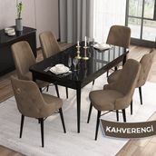 Canisa Concept Are Serisi Mdf 80X132 Açılabilir Siyah Mermer Desen Yemek Odası Takımı 6 Sandalye Gold Halkalı - Kahverengi