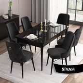 Canisa Concept Are Serisi Mdf 80X132 Açılabilir Siyah Mermer Desen Yemek Odası Takımı 6 Sandalye Gold Halkalı