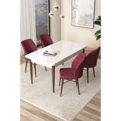 Canisa Concept Arp Serisi 70x110 cm Sabit Beyaz Masa 4 Sandalye Bordo Mutfak Masası Takımı