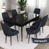 Canisa Concept Eta Serisi 80 x 132 cm Açılabilir Mdf Yemek Odası Masa Takımısiyah Mermer Desen Masa 6 Sandalye - Antrasit