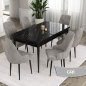 Canisa Concept Eta Serisi 80 x 132 cm Açılabilir Mdf Yemek Odası Masa Takımısiyah Mermer Desen Masa 6 Sandalye - Gri