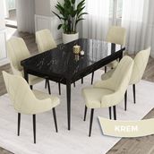 Canisa Concept Eta Serisi 80 x 132 cm Açılabilir Mdf Yemek Odası Masa Takımısiyah Mermer Desen Masa 6 Sandalye - Krem