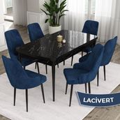 Canisa Concept Eta Serisi 80 x 132 cm Açılabilir Mdf Yemek Odası Masa Takımısiyah Mermer Desen Masa 6 Sandalye - Lacivert