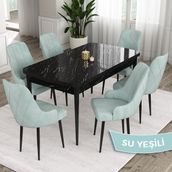 Canisa Concept Eta Serisi 80 x 132 cm Açılabilir Mdf Yemek Odası Masa Takımısiyah Mermer Desen Masa 6 Sandalye - Su Yeşili
