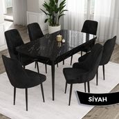 Canisa Concept Eta Serisi 80 x 132 cm Açılabilir Mdf Yemek Odası Masa Takımısiyah Mermer Desen Masa 6 Sandalye