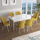 Canisa Concept Han Serisi 70x114 cm Açılabilir MDF Beyaz Mutfak Masası ve 6 Adet Hardal Sandalye