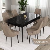 Canisa Concept Ram 80x132 CM 4 Baby Face Kumaş Cappucino Sandalye Siyah Mermer Desen Açılabilir Yemek Masası