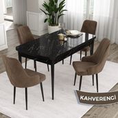 Canisa Concept Ram 80x132 CM 4 Baby Face Kumaş Kahverengi Sandalye Siyah Mermer Desen Açılabilir Yemek Masası