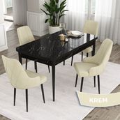 Canisa Concept Ram 80x132 CM 4 Baby Face Kumaş Krem Sandalye Siyah Mermer Desen Açılabilir Yemek Masası