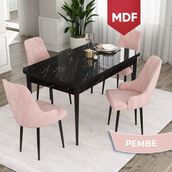 Canisa Concept Ram 80x132 CM 4 Baby Face Kumaş Pembe Sandalye Siyah Mermer Desen Açılabilir Yemek Masası